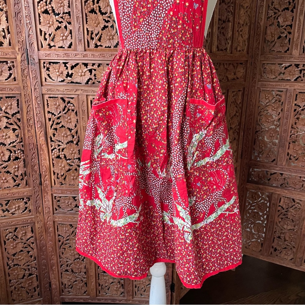 Vintage Handmade Unbranded Red Floral Halter Tie Apron Dress - Picture 4 of 8